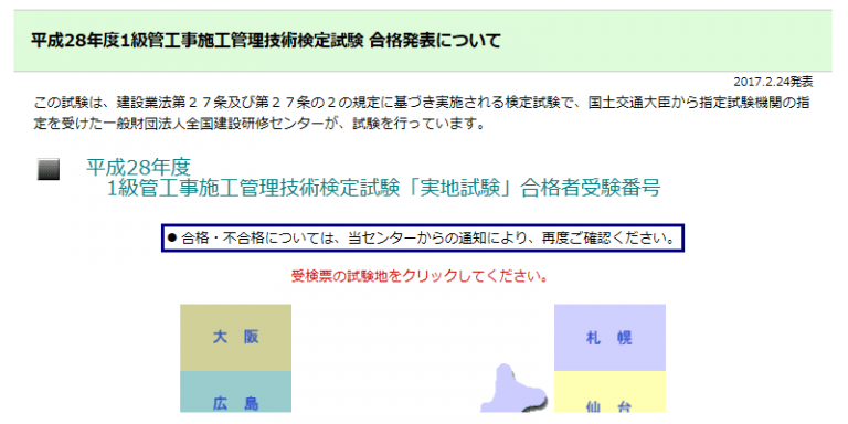 平成28年度1級管工事施工管理技術検定試験 合格発表