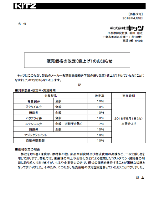 キッツ販売価格改定