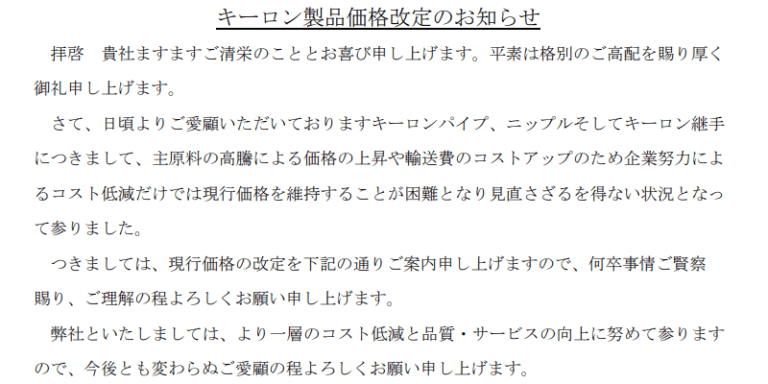 キーロン価格改定
