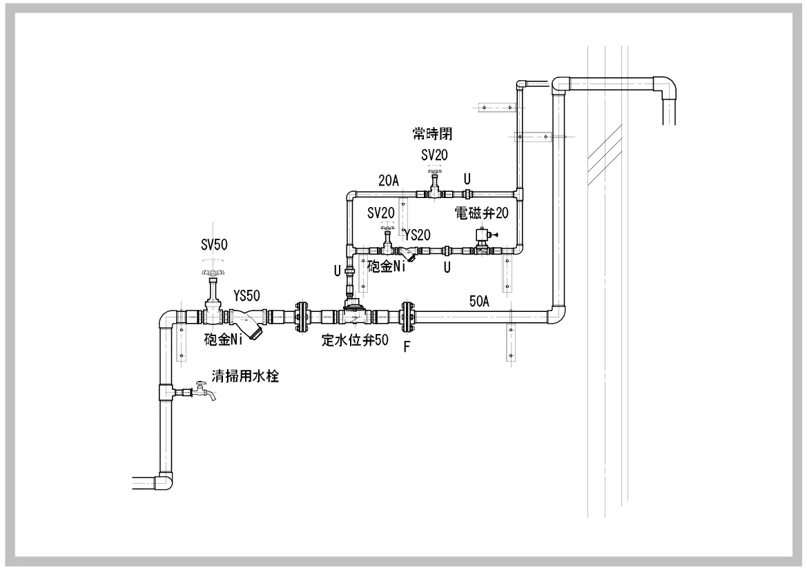 Jw_cad 受水槽：定水位弁＋電磁弁配管（鋼管）
