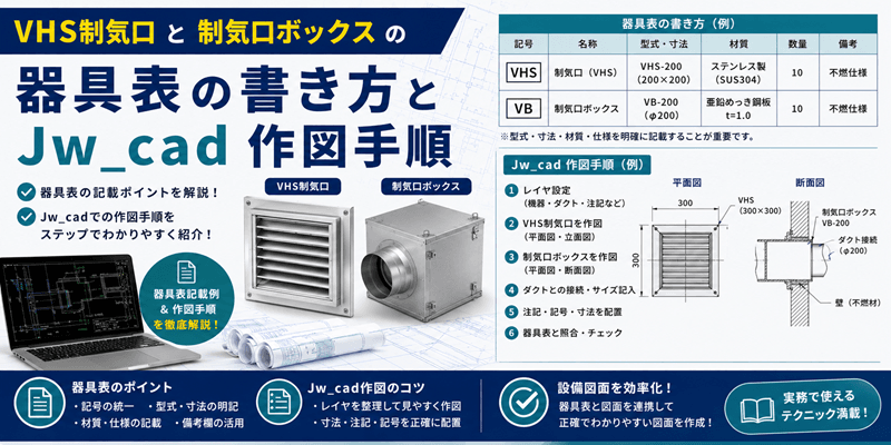 VHS制気口と制気口ボックスの器具表の書き方とJw_cad作図手順