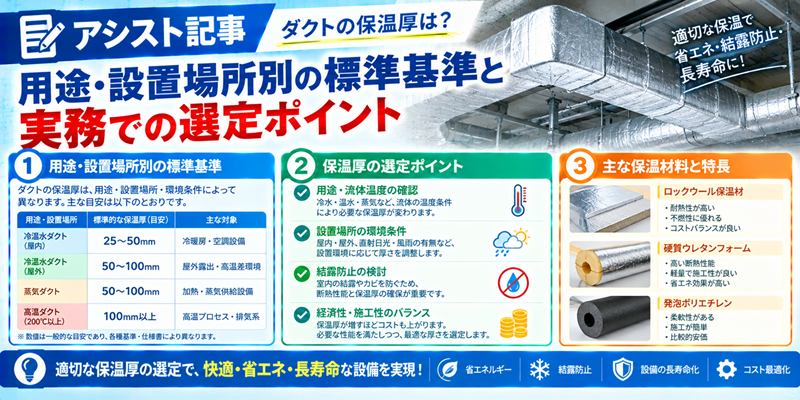 ダクトの保温厚は?用途・設置場所別の標準基準と実務での選定ポイント